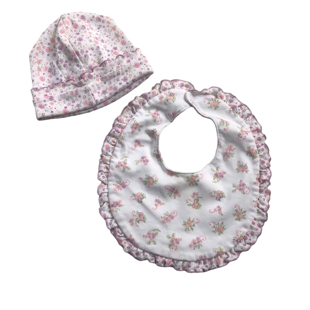 Kissy Kissy NB Hat & Reversible Bib Pink & Lavender flowers